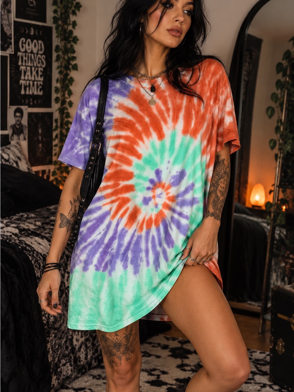 bp Tie-Dye Spiral Short Sleeve Tunic Top - Orange, Purple & Mint